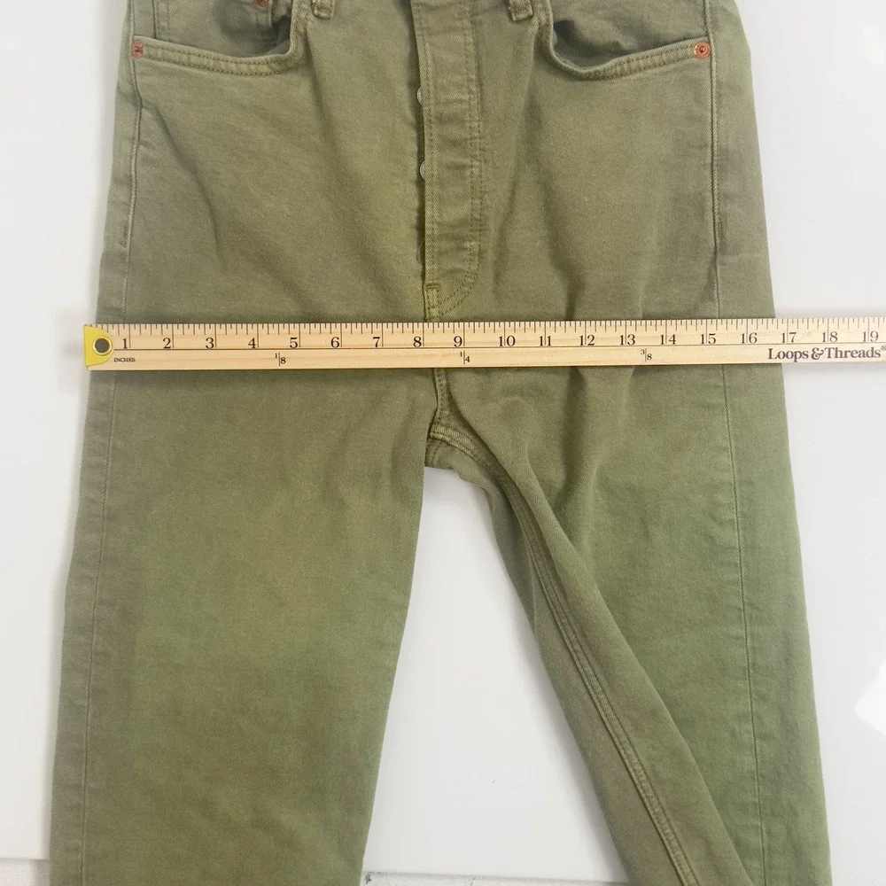 RE/DONE High Rise Ankle Crop Jeans Olive‎ Green Button Fly Raw Hem Denim Size 28